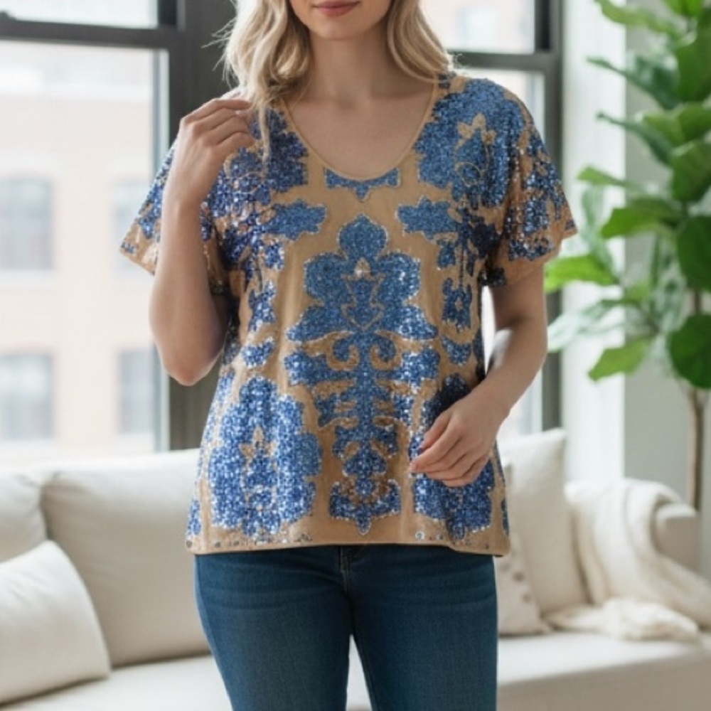 Nina Leonard Blue Gold Sequin Beaded Floral Blouse Statement Evening Top